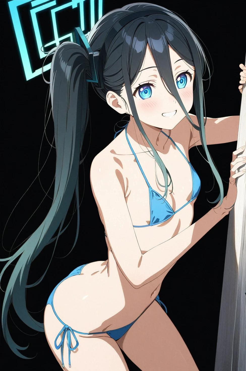 best quality, amazing quality, very aesthetic, absurdres, (1girl, aris, blue archive, solo, blue eyes), (realistic face:0.9),(string :1.8), (grin, blush, thigh:1.3), (cowboy shot), (glowing eyes), (half closed eyes:0.9), (), (official art:1.3), (pool), expressive eyes, perfect face, extremely detailed eyes, perfect , smooth skin, (black background:1.5), clear eyes, beautiful face, small , (anime style:1.7), (Warm Light:1.5), (highres:2), (Chiaroscuro),
