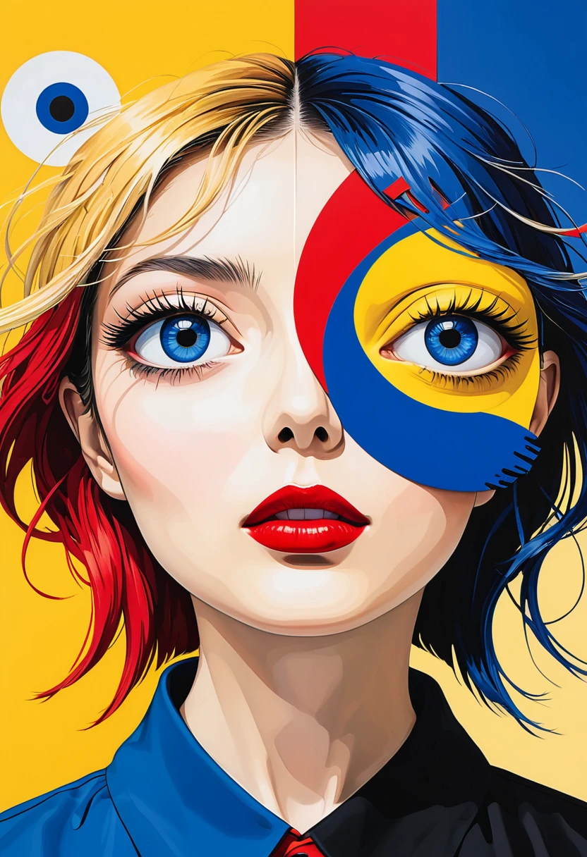 multi-layered collage,photomontage,Dadaism,eyes,distorted faces,in the style of deconstruction, cultural symbols,japonisme,minimalistic,Hiroshi Nagai,Erik Jones,eye-catching compositions, tightly cropped compositions,strong use of negative space,red,yellow,klein blue,front view, single point perspective,realistic hyper detail,