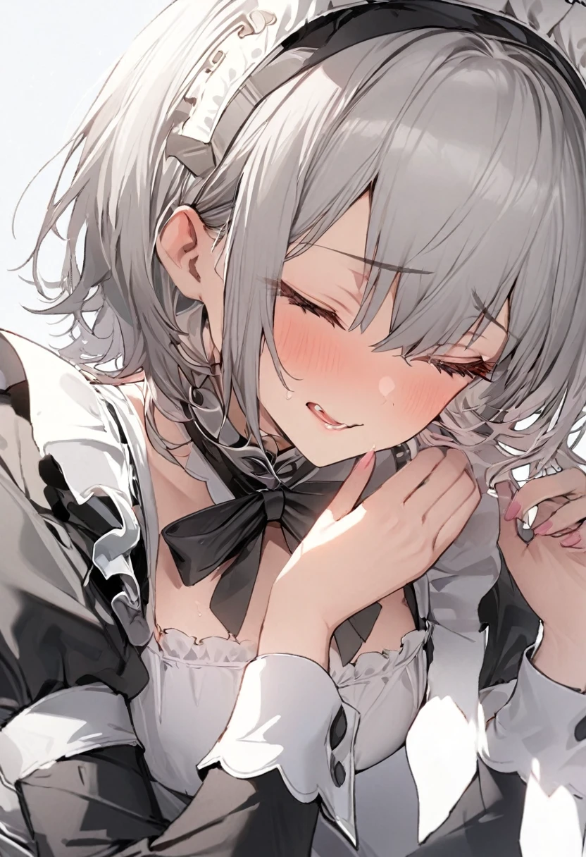 1 Girl,Maid clothes,Gray Hair,Wink,short hair,Beautiful Hands,Highest quality,masterpiece,Beautiful composition、Close your eyes。