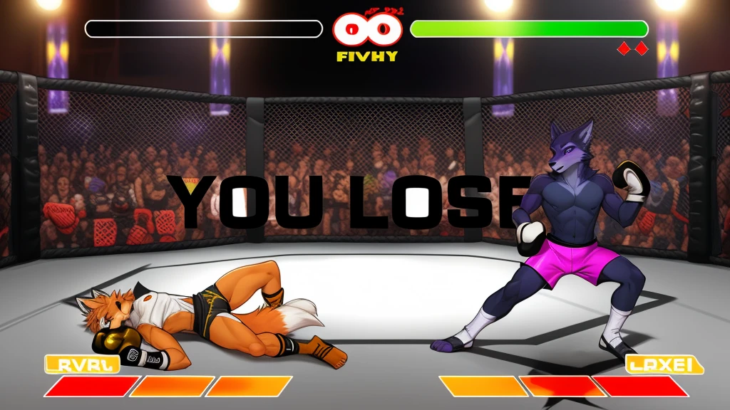 a detailed picture of a boxing match (male anthros, two boy), slim body, slim features, in a boxing ring, Ross Tran, ruan jia, trending on artstation, foxovh,User Interface of Fighting game, Crisis, assorted poses, assorted expression, full body, sound effects, motion blur, from side, ((fox, blue shorts, knocked out on the floor)), (((purple wolf, white shorts, boxing pose))) “VS”