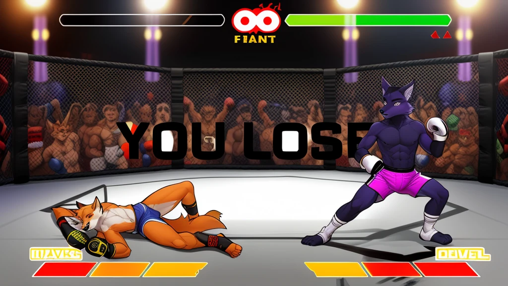 a detailed picture of a boxing match (male anthros, two boy), slim body, slim features, in a boxing ring, Ross Tran, ruan jia, trending on artstation, foxovh,User Interface of Fighting game, Crisis, assorted poses, assorted expression, full body, sound effects, motion blur, from side, ((fox, blue shorts, knocked out on the floor)), (((purple wolf, white shorts, boxing pose))) “VS”