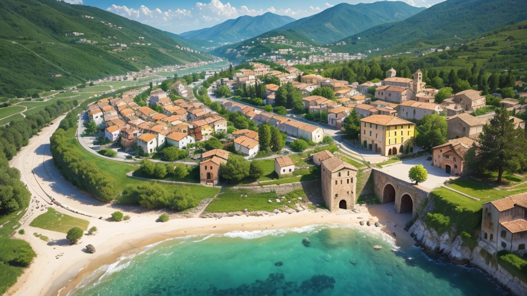 Beautiful scenery of ancient Italian village. Aerial view. Photorealistic photos, High definition. 8K