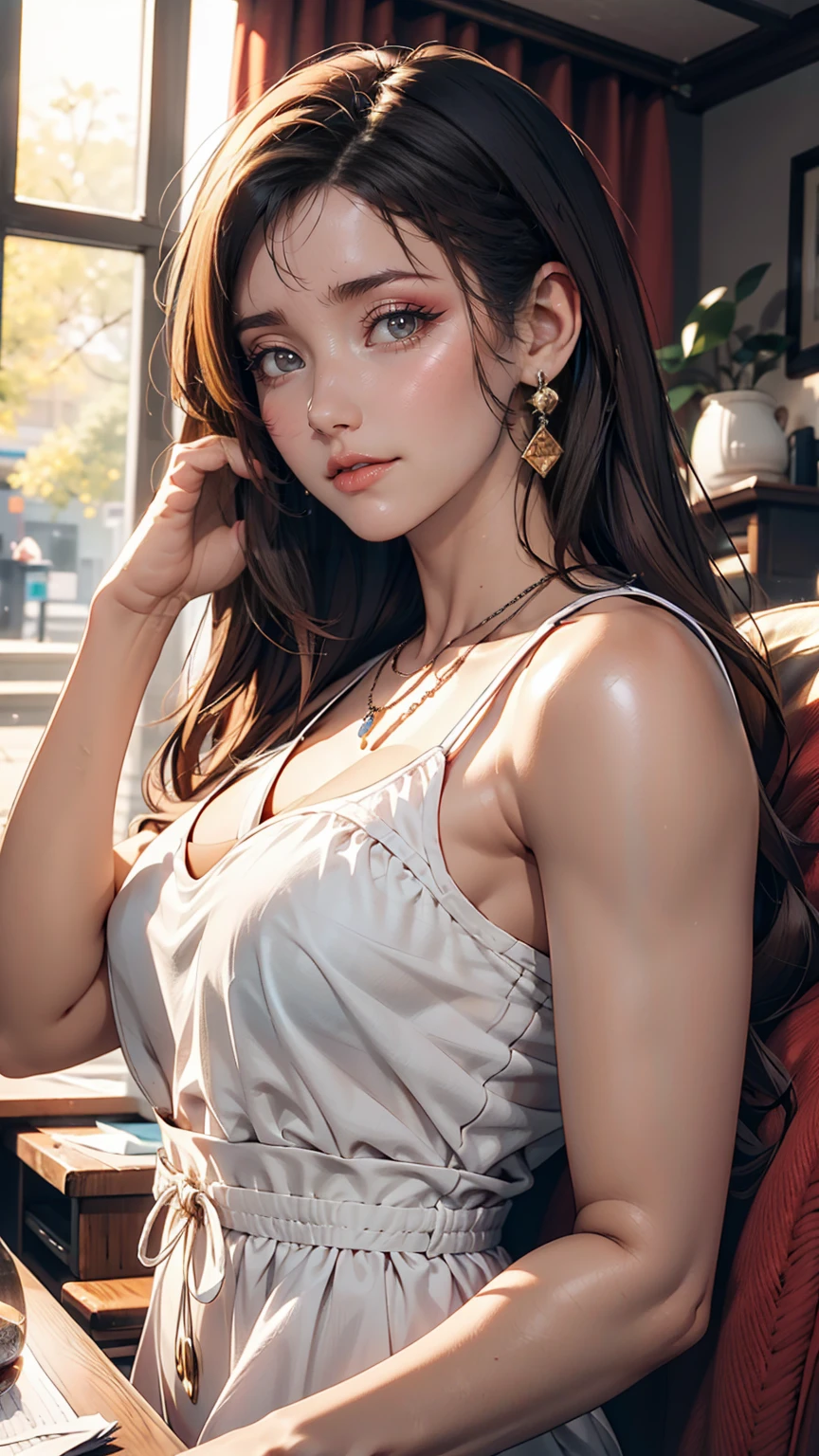 最high quality, 8K, masterpiece: 1.3, Ultra HD, high quality, 最high quality, High resolution, realism)) 、25-year-old Caucasian female、Brunette、blue eyes、Long Hair、smile、thin、thinだがアスリートのような細マッチョ、I'I don't want my head to disappear from the screen..、Wear accessories on your wrist、Wearing red nail polish、Having a pedicure、Wear sheer clothing, Off-the-shoulder bodycon top、Wearing Sandals、carrying a clutch bag、Skyscraper Background、Waiting for a traffic light at an intersection、Crystal Earrings((Crystal Earrings))、Inner Color((Inner hair color))、Long Hair ((Long Hair))、Dark Blonde、Bang bang as we part((Parted bangs))、Cat ear headphones((Cat ear headphones))、Background Blur((Depth of written boundary))