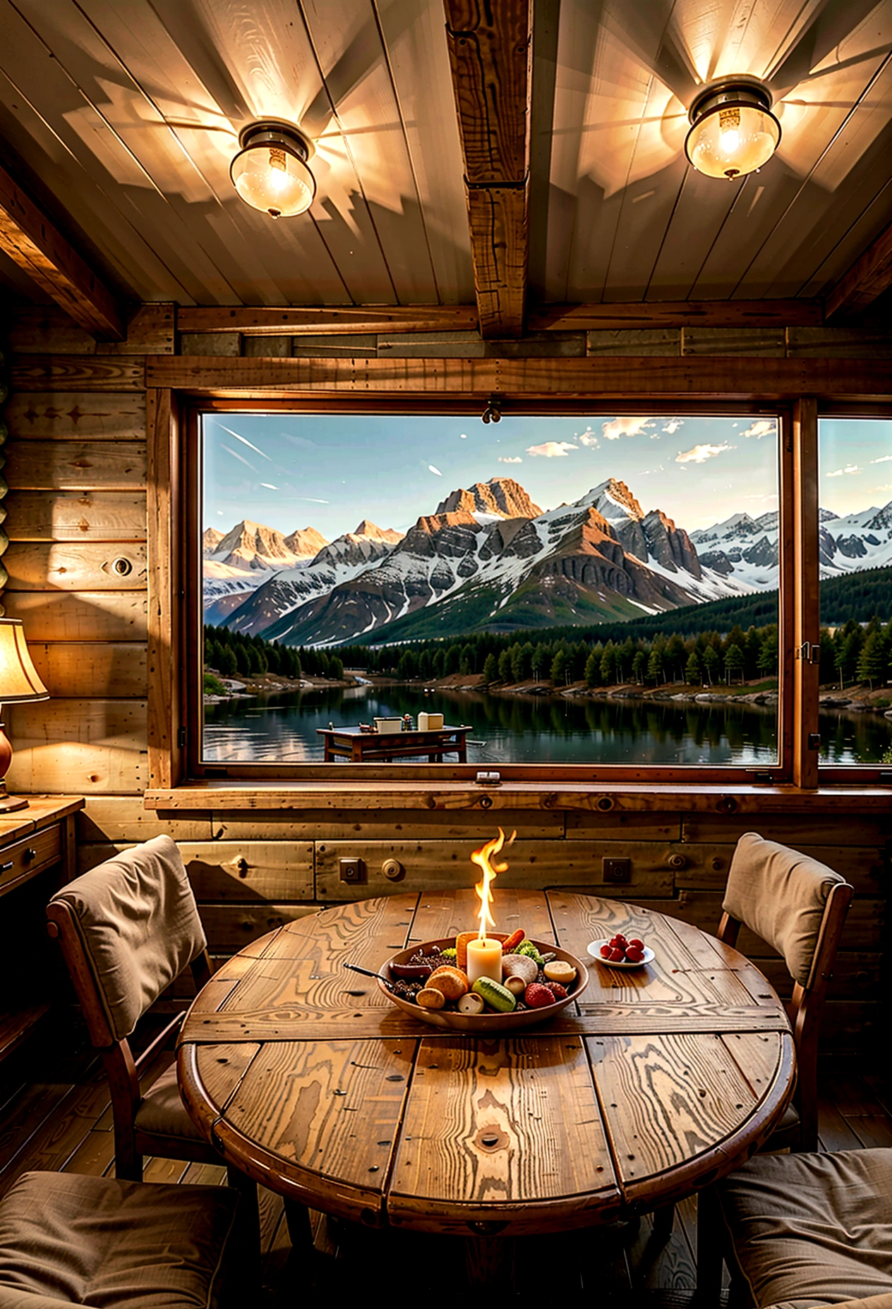 there is a table with food and drinks on it near a fire, chill time. good view, log cabin beneath the alps, beautiful place, ❤🔥🍄🌪, beautiful setting, cozy place, norway, paradise in the background, lake house, cozy setting, epic scenic shot, peaceful environment, beautiful environment, gorgeous view, beautiful detailed scene