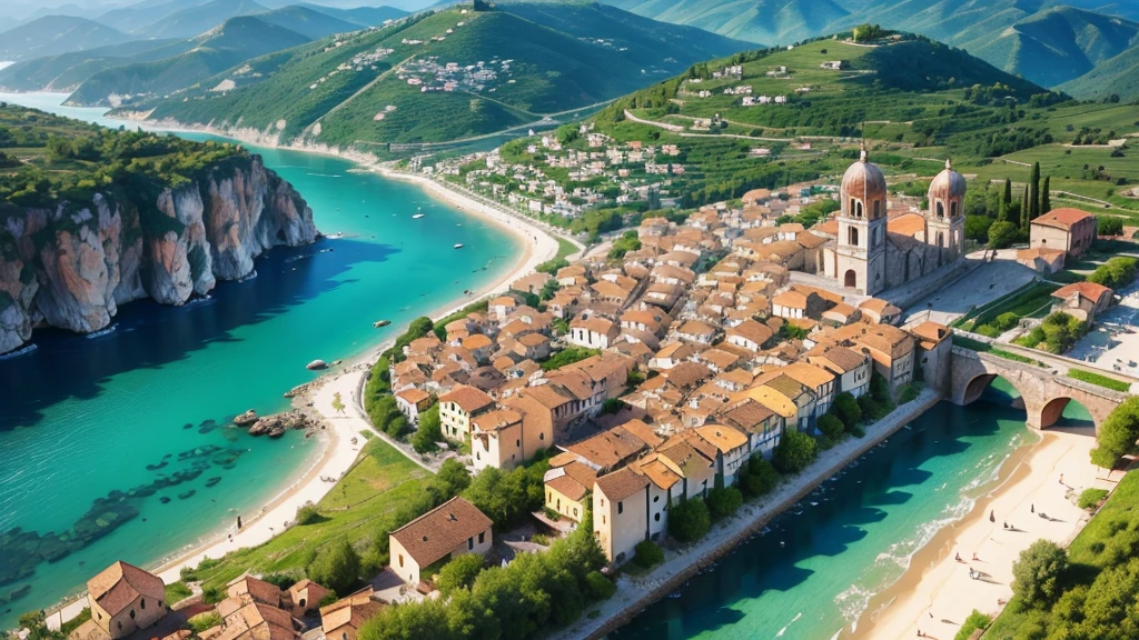 Beautiful scenery of ancient Italian village. Aerial view. Photorealistic photos, High definition. 8K