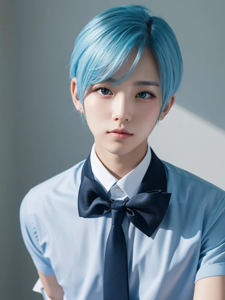 Attractive pose、Light blue hair、male、beautiful、Black shirt、White ribbon tie