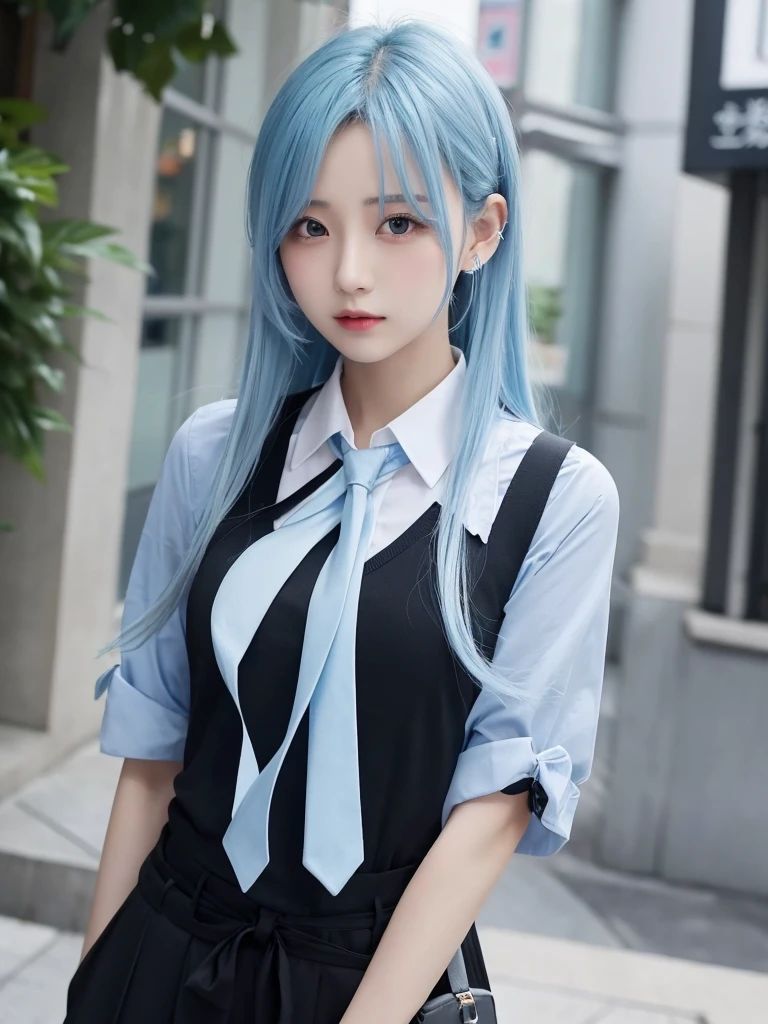 Attractive pose、Light blue hair、male、beautiful、Black shirt、White ribbon tie