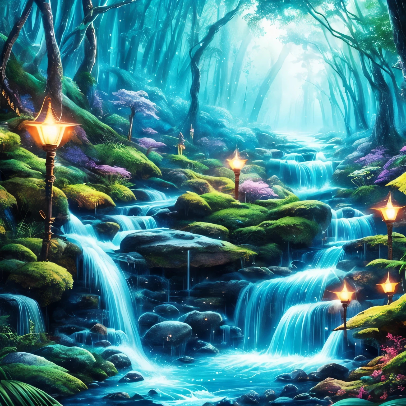 masterpiece,The best quality at its best,high quality,Very detailed,8K,A stream flows through a mysterious forest,Fantastic snow and ice jungle,Ice Witch,colorful ice magic,Glowing Spirit,森のテーマのNatural elements,A colorful jungle of snow and ice,Epic fantasy art style,繊細なleafや枝はホタルに囲まれています(Natural elements),(Jungle theme),(leaf),(Tree Branch),(Glow worms),(particles effect)Other 3D, Octane Rendering,Ray Tracing,Very meticulous,Depicting harmony between humans and nature