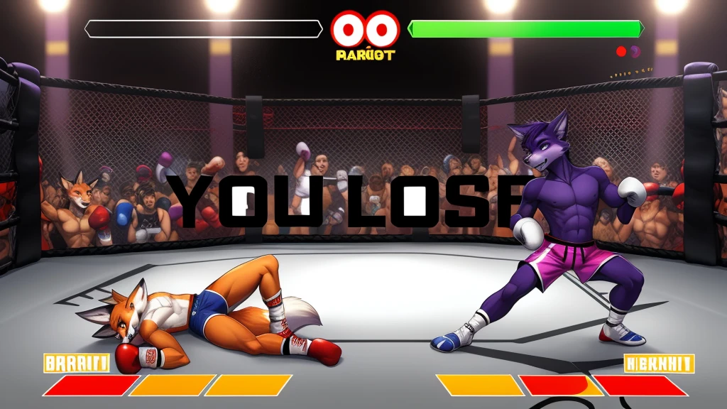 a detailed picture of a boxing match (male anthros, two boy), slim body, slim features, in a boxing ring, Ross Tran, ruan jia, trending on artstation, foxovh,User Interface of Fighting game, Crisis, assorted poses, assorted expression, full body, sound effects, motion blur, from side, ((fox, blue shorts, knocked out on the floor)), (((purple wolf, white shorts, boxing pose))) “VS” 