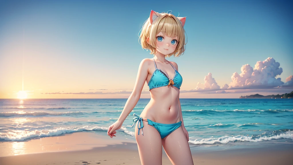 Turquoise Eyes、Cat ear、Absurd, Ultra-detailed,Bright colors,(solo),(From the side:1.2),(View your viewers:1.5) (Short blonde hair:1.2),Shiny Hair,(ピンクのSwimwear:1.5),Denim shorts,Delicate and beautiful face, blush、(Deep blue eyes:1.4), White skin, (A wistful smile:1.3),Beautiful Clouds,(Standing on the beach, looking to the side with a sad expression:1.3),look at the sea and sunset,At sunset,Waves crashing on the beach,sunlight,Light on the face、Cat ear、Belly button、Turquoise Eyes、Swimwear