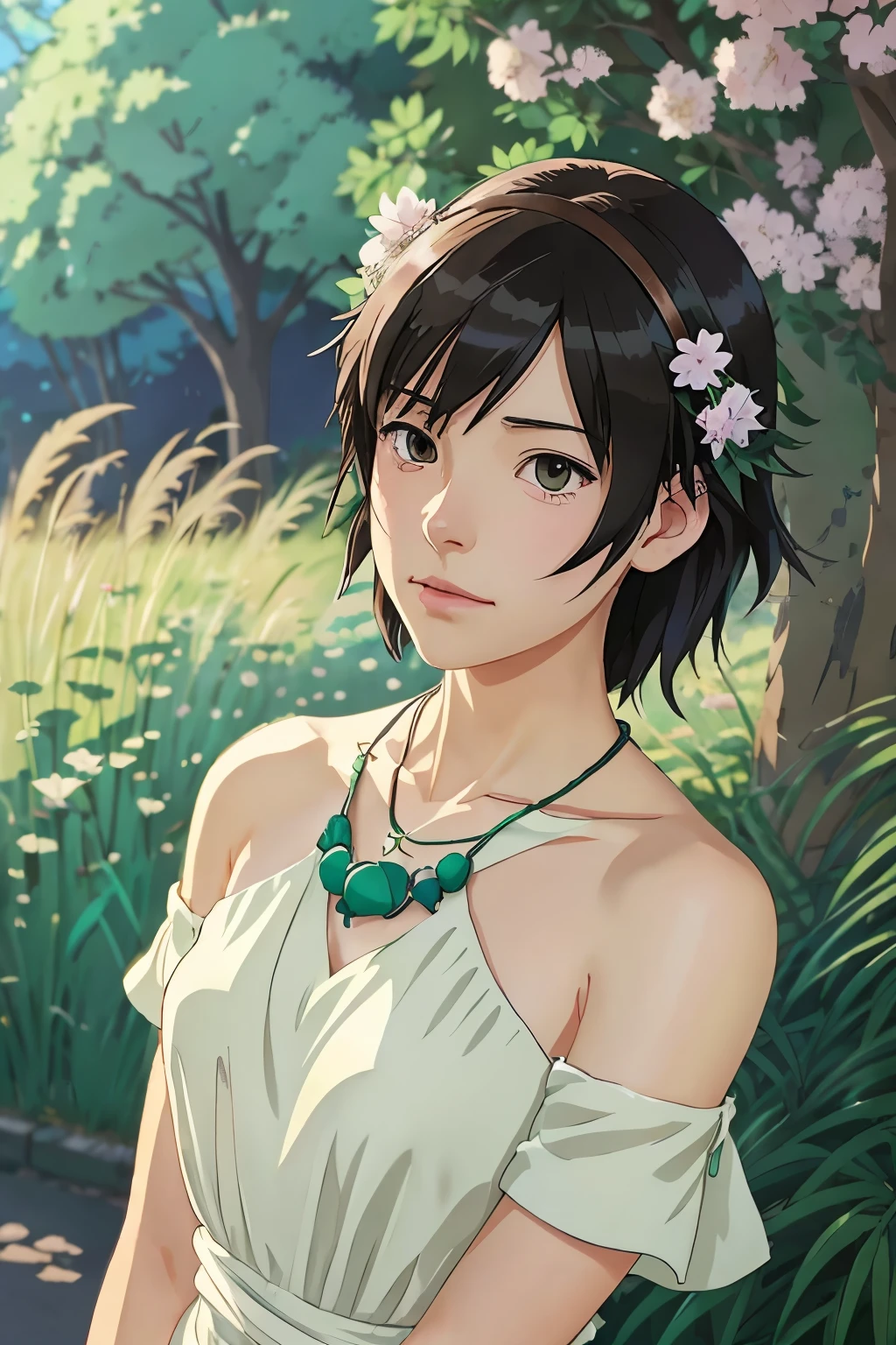 a woman with a flower garland around her neck and a necklace, style in ghibli anime, style in ghibli anime style, makoto shinkai art style, makoto shinkai. high detail, anime visual of a young woman, makoto shinkai. digital render, from the studio ghibli film, in the studio ghibli anime film, makoto shinkai style