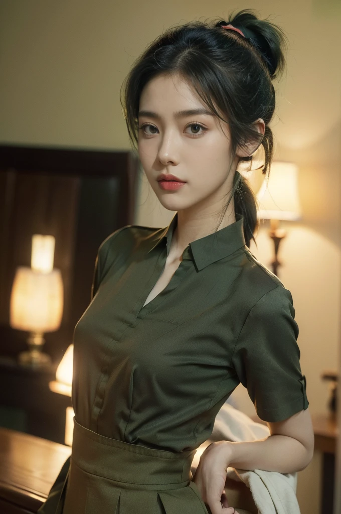 (((best quality))),(((ultra detailed))),(((masterpiece))),illustration,((1 beautiful young girl,female soldier,solo)),(short black ponytail:1.3),((slim,thin)),((small breasts,flat chest)),determined,professional,demeanor,(light green collared short-sleeved shirt:1.3),(dark green trousers:1.3),military,affiliation,background,military conference room,walls,maps,battlefields,strategic points,markings,(large red flag),nation's unity,strength,seriousness,planning,important discussion,rigid posture,focused expression,confidence,respectability,bright intense eyes,analyzing situation,contribute thoughts,ideas,charm,powerful,intense atmosphere,freezes moment in time,essence,striking appearance,(night scene:1.2),((from front,upper body))