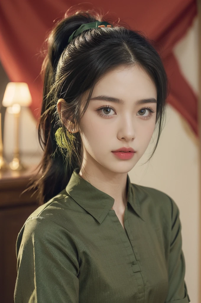 (((best quality))),(((ultra detailed))),(((masterpiece))),illustration,((1 beautiful young girl,female soldier,solo)),(short black ponytail:1.3),((slim,thin)),((small breasts,flat chest)),determined,professional,demeanor,(light green collared short-sleeved shirt:1.3),(dark green trousers:1.3),military,affiliation,background,military conference room,walls,maps,battlefields,strategic points,markings,(large red flag),nation's unity,strength,seriousness,planning,important discussion,rigid posture,focused expression,confidence,respectability,bright intense eyes,analyzing situation,contribute thoughts,ideas,charm,powerful,intense atmosphere,freezes moment in time,essence,striking appearance,(night scene:1.2),((from front,upper body))