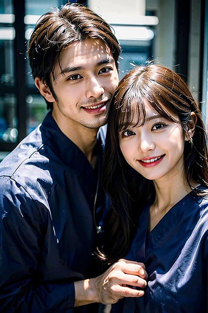 Male dentist and female dental hygienist　２people　A good business partner　日本people　Handsome Men and Beautiful Women　Wearing black scrubs　Upper body close-up　high resolution　high resolution　Highest quality　smile　Shooting outside