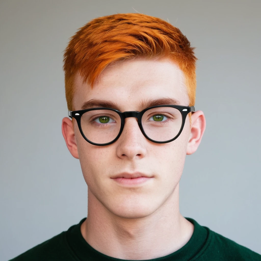 Handsome Scottish guy, orange hair, green eyes, short hair, buzzcut hair,   student, big eyeglasses 
