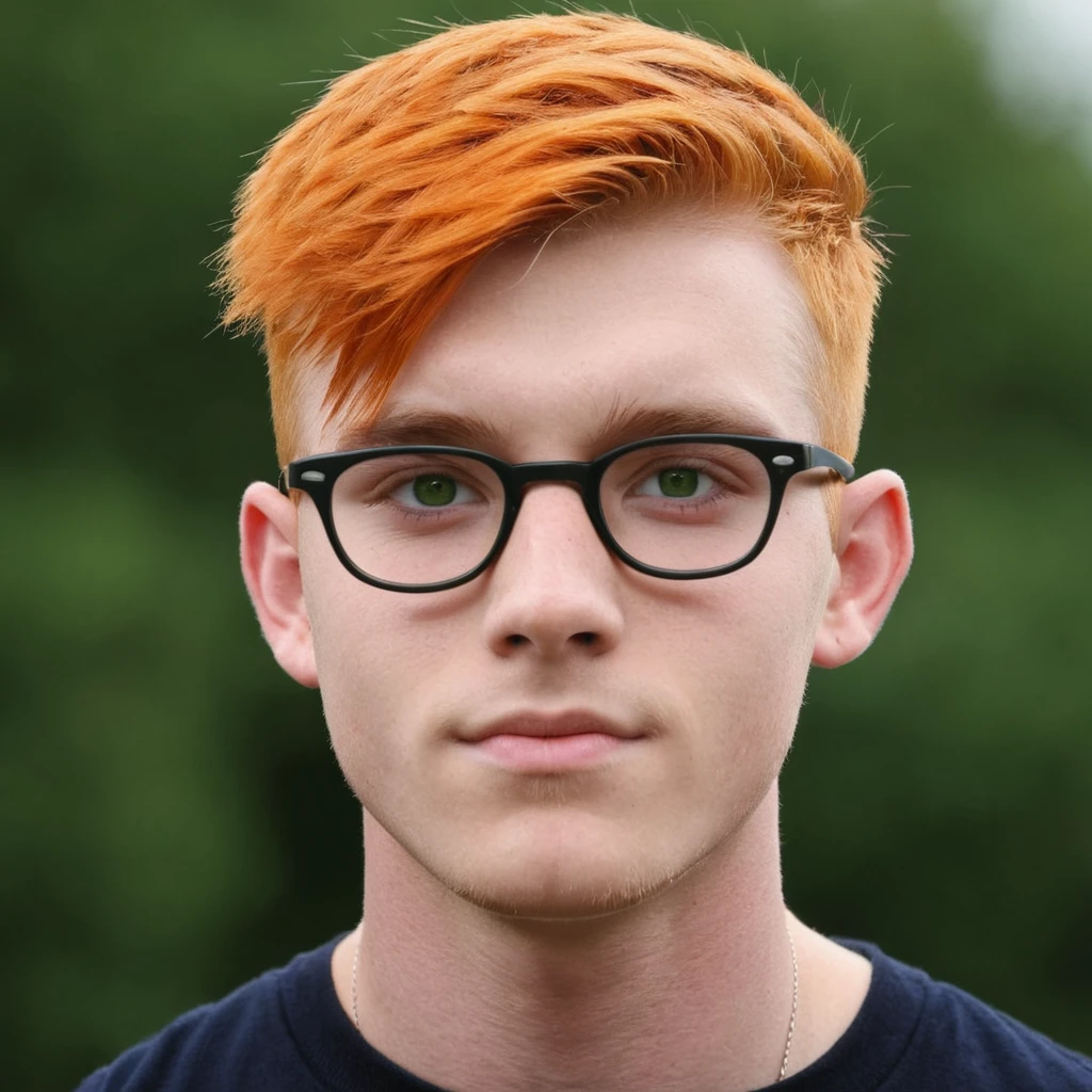 Handsome Scottish guy, orange hair, green eyes, short hair, buzzcut hair, 17 years old student, big eyeglasses
