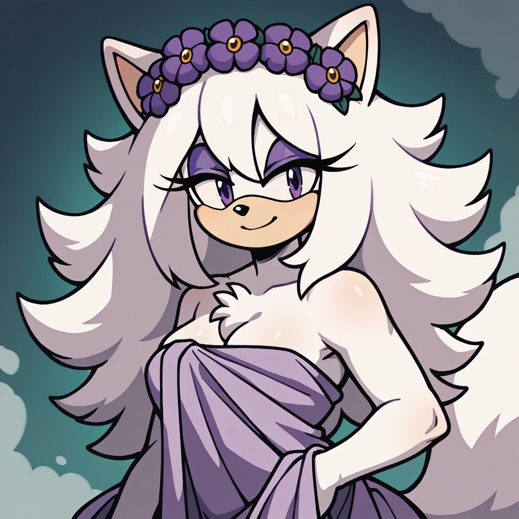 (score_9, score_8_up, 2d), sonic (series), anthro wolf girl, female, athletic body, white hair, fluffy hair, white body fur, chest fluff, long tail, fluffy tail, white muzzle, bangs, purple eyes, purple eyeshadow, oval eyes, medium breasts, wrapped in towel, purple flower crown, smile.