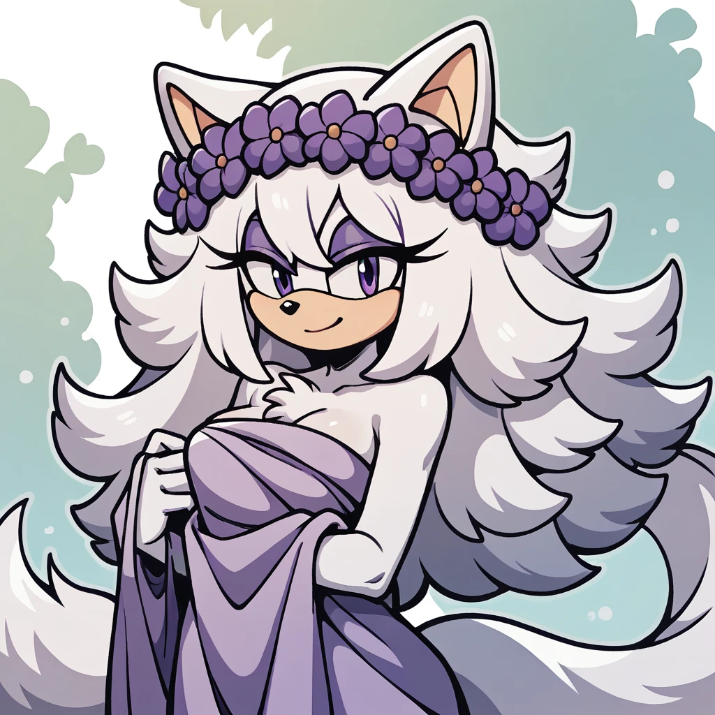 (score_9, score_8_up, 2d), sonic (series), anthro wolf girl, female, athletic body, white hair, fluffy hair, white body fur, chest fluff, long tail, fluffy tail, white muzzle, bangs, purple eyes, purple eyeshadow, oval eyes, medium breasts, wrapped  in towel, purple flower crown, smile.