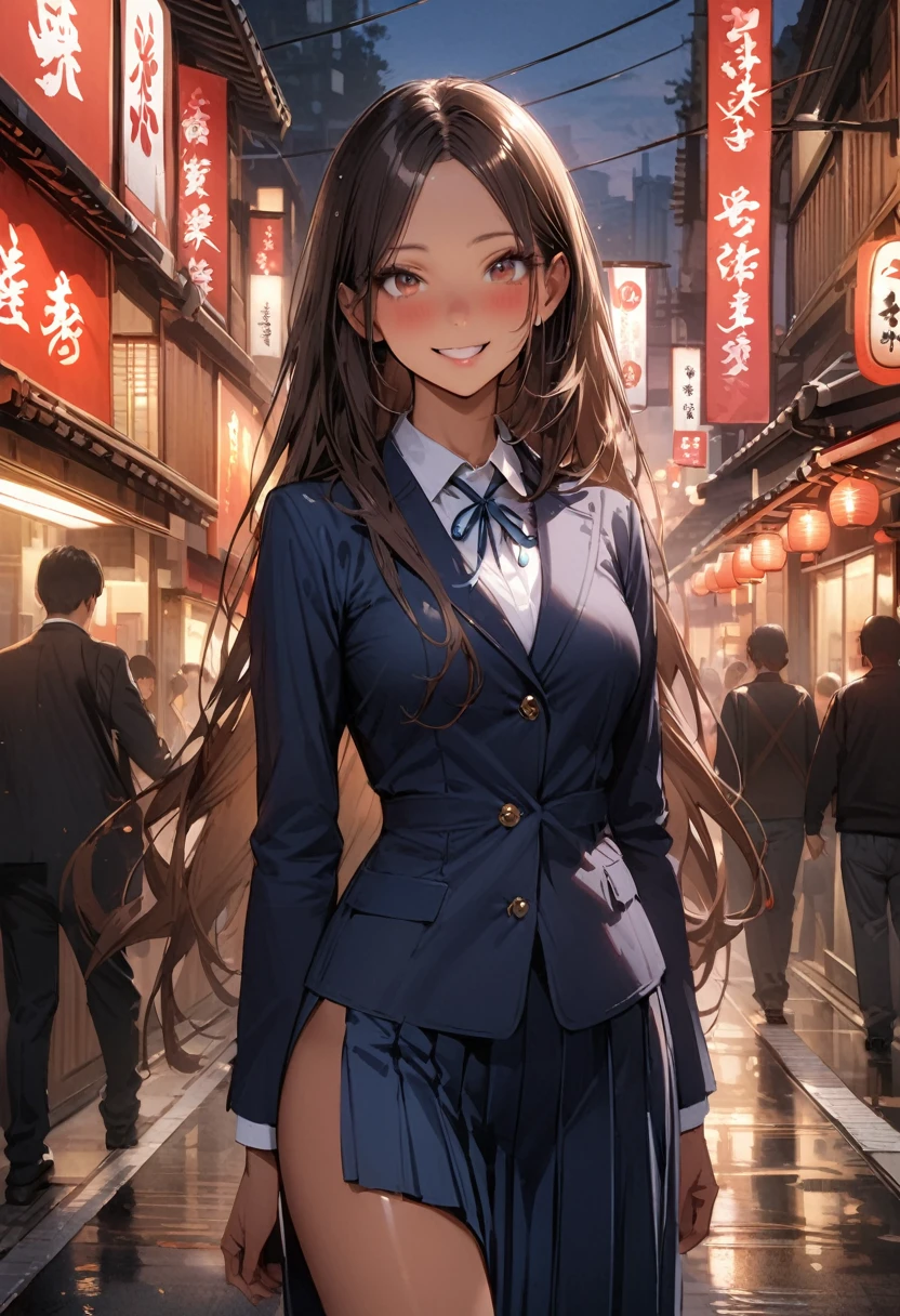 ((masterpiece,Highest quality:1.3,best quality illustration,realistic)),cowboy shot,独奏,1woman,(Mature Japan beauties)、brown hair,long hair,center parted bangs,brown eyes,gorgeous eyes,((very small head:1.3)),blush,smile,((very long body:1.2,skinny)),medium breasts,(tan skin:1.4), (gleaming skin,toned body,slender body),Japanese 、Dark blue blazer jacket、Ribbon tie、Navy blue pleated mini skirt、on street,Tokyo、