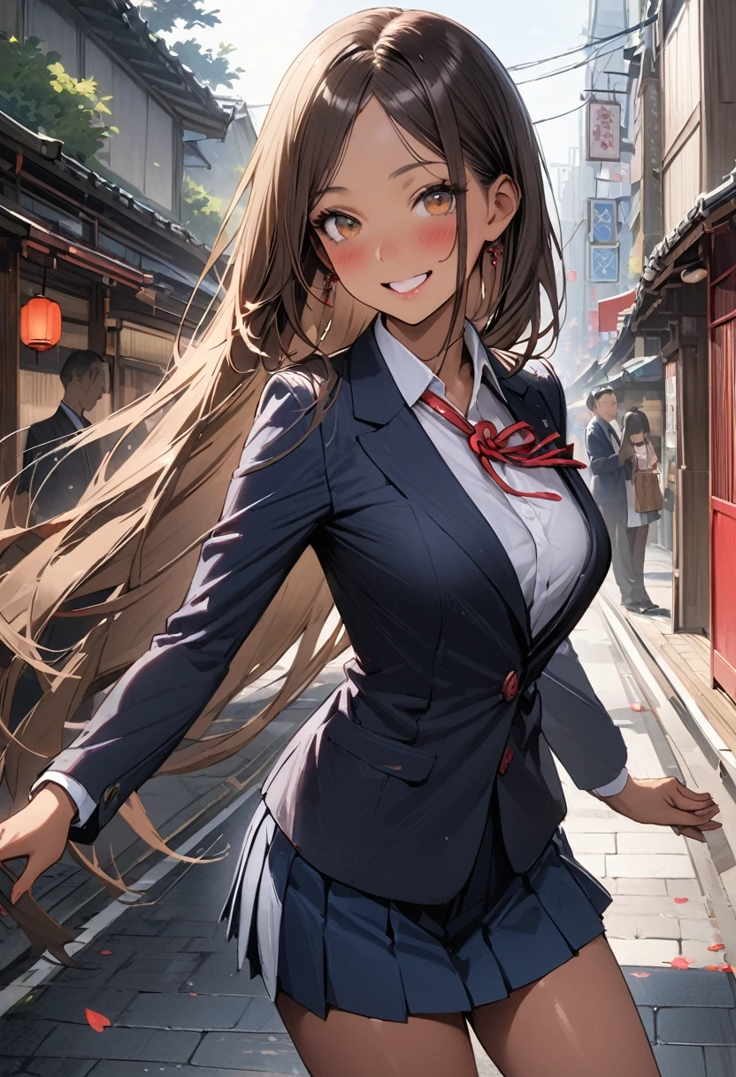 ((masterpiece,Highest quality:1.3,best quality illustration,realistic)),cowboy shot,独奏,1woman,(Mature Japan beauties)、brown hair,long hair,center parted bangs,brown eyes,gorgeous eyes,((very small head:1.3)),blush,smile,((very long body:1.2,skinny)),medium breasts,(tan skin:1.4), (gleaming skin,toned body,slender body),(Japanese 、Dark blue blazer jacket、Ribbon tie、Navy blue pleated mini skirt)、barefoot、on street,Tokyo、