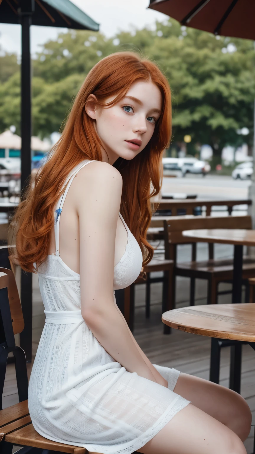 1 girl 19, solo, aesthetic artwork, irish redhead, long wavy ginger hair, grayeyes light, some small freckles, pale skin, G-cup, huge breasts, slim body, runners body, (textured skin, skin pores:1,1), (moles:0,8), imperfect skin, sitting down, (extremely detailed 8K wallpaper),soft lighting, high quality, film grain, fujifilm XT3 sharp focus, f 5.6, 50mm, high detailed, sharp focus, dress blue and white, high detailed, complex details, sitting at outdoors cafe