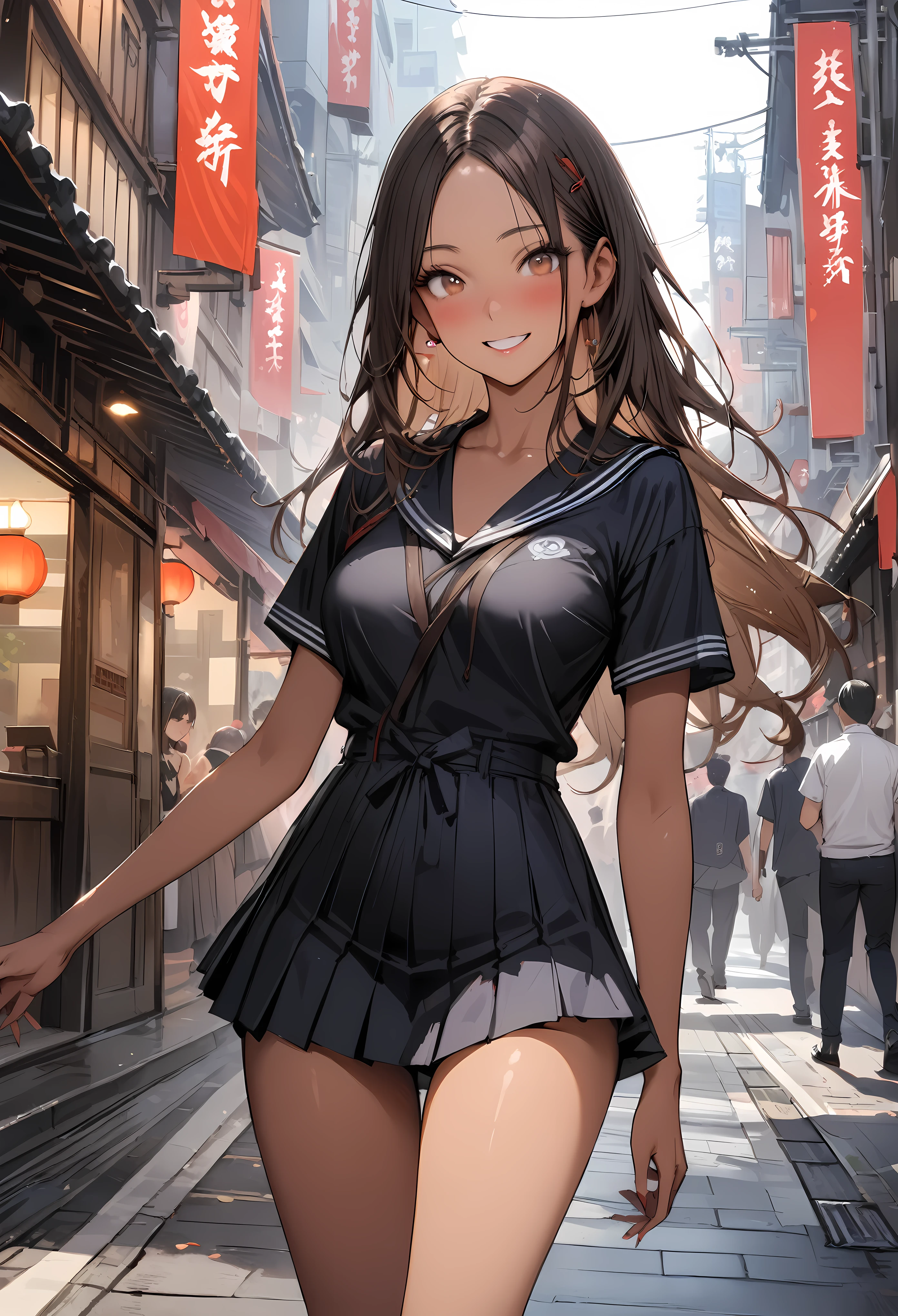 ((masterpiece,Highest quality:1.3,best quality illustration,realistic)),cowboy shot,solo,1woman,(Mature Japan beauties)、brown hair,long hair,center parted bangs,brown eyes,gorgeous eyes,((very small head:1.3)),blush,smile,((very long body:1.2,skinny)),medium breasts,(tan skin:1.4), (gleaming skin,toned body,slender body),、Black sailor suit、Short sleeve、Black pleated mini skirt、on street,Tokyo、