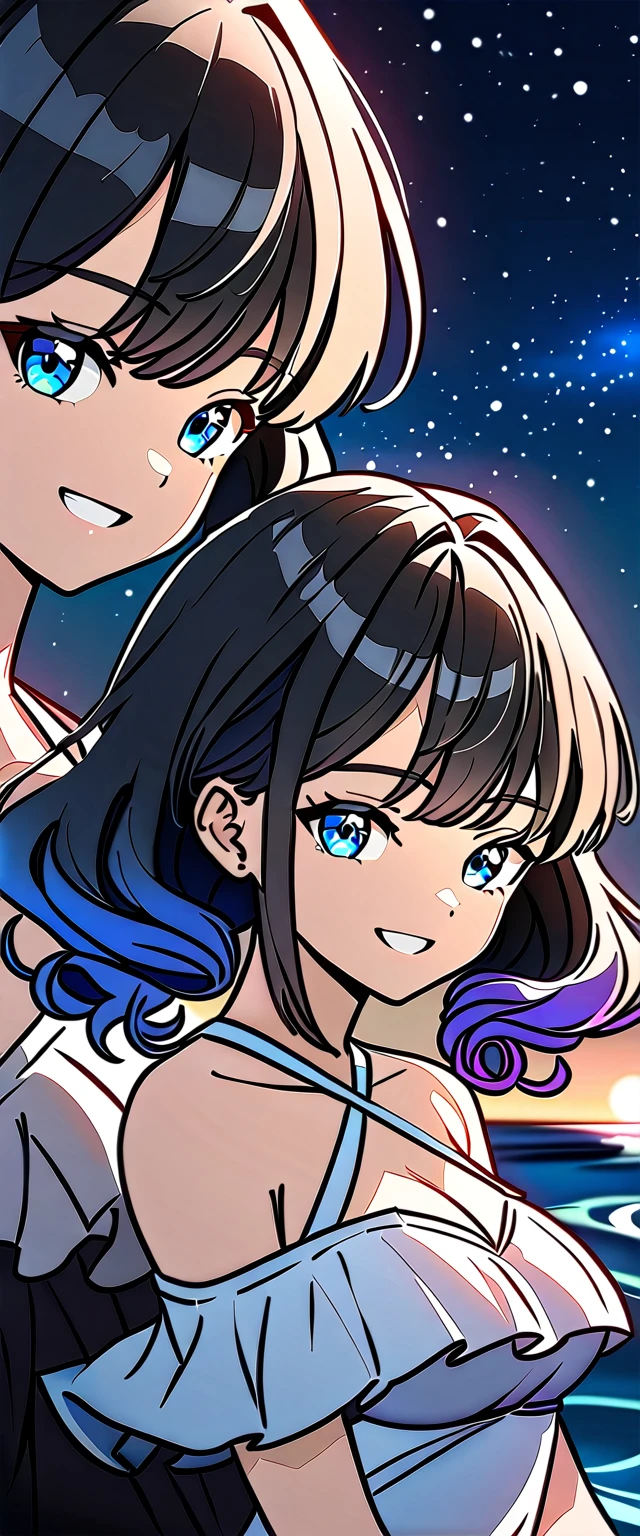 ((grin)), Eyeshadow, False eyelashes, ((off-shoulder dress:1.3, criss-cross halter)), ((white sundress)), ((cleavage)), ((high twin tails, medium hair, spiral curl hair, gradient hair, red and black hair, hair extensions, streak)), ((sunglasses, hand to sunglasses)), (((from side))), ((((upper body)))), bare legs, (()), (((a beautiful starry sky, the Milky Way shining beautifully in the night))), ((on the very high cliff)), wavy hair, inward curled hair, ((sea, nature)), breasts, teenager, (looking at viewer), puffy long sleeves, collarbone, head tilt:1.3, (((blue eyes))), happy smile, (((anime style))), (best quality, 4K, 8K, highres, masterpiece:1.2, ultra-detailed, ultra-detailed eyes, HDR, uhd, studio lighting, ultra-fine painting, sharp focus, physically-based rendering, extreme detail description, professional, vivid colors, bokeh)