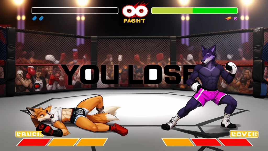 a detailed picture of a boxing match (male anthros, two boy), slim body, slim features, in a boxing ring, Ross Tran, ruan jia, trending on artstation, foxovh,User Interface of Fighting game, Crisis, assorted poses, assorted expression, full body, sound effects, motion blur, from side, ((fox, blue shorts, knocked out on the floor)), (((purple wolf, white shorts, boxing pose))) “VS”