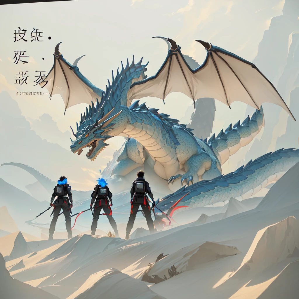 Huge dragon，由Mathematical Codes构成的龙，Clear texture，Blue sky and prairie，Cliff Edge，Five children fighting a dragon，Mathematical Codes，Glowing math formulas，Cyberpunk， Highly detailed, RAW photos, Professional photography，Rich details，No matter how complicated the picture is，Textures are more detailed，Floating mathematical formulas background，发光的Mathematical Codes，Glowing trigonometric functions，5 people，5 people have different hair，Clothing is different，Wear more futuristic