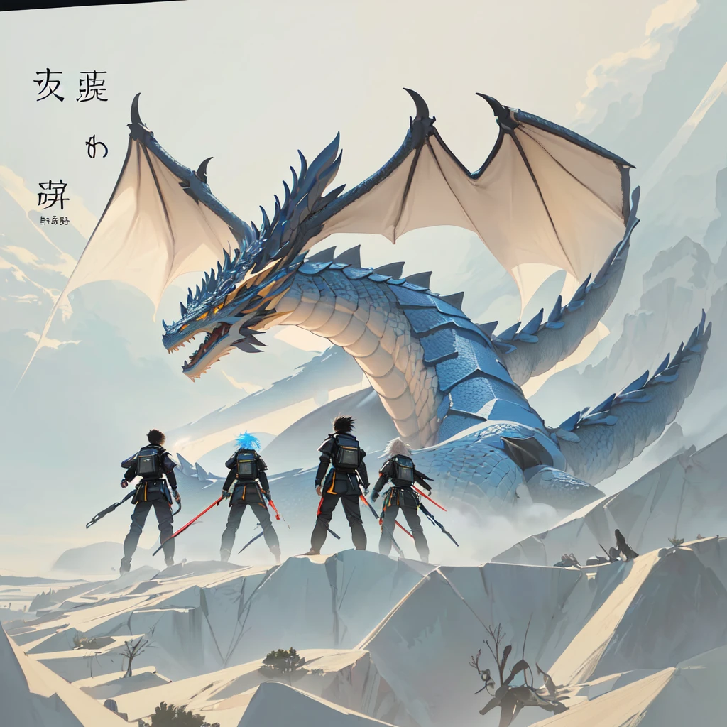 Huge dragon，由Mathematical Codes构成的龙，Clear texture，Blue sky and prairie，Cliff Edge，Five children fighting a dragon，Mathematical Codes，Glowing math formulas，Cyberpunk， Highly detailed, RAW photos, Professional photography，Rich details，No matter how complicated the picture is，Textures are more detailed，Floating mathematical formulas background，发光的Mathematical Codes，Glowing trigonometric functions，5 people，5 people have different hair，Clothing is different，Wear more futuristic