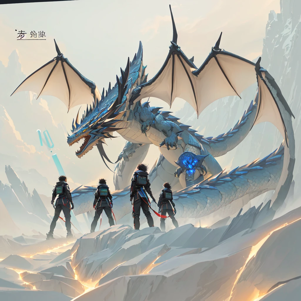 Huge dragon,由Mathematical Codes构成的龙,Clear texture,Blue sky and prairie,Cliff Edge,Five children fighting a dragon,Mathematical Codes,Glowing math formulas,Cyberpunk, Highly detailed, RAW photos, Professional photography,Rich details,No matter how complicated the picture is,Textures are more detailed,Floating mathematical formulas background,发光的Mathematical Codes,Glowing trigonometric functions,5 people,5 people have different hair,Clothing is different,Wear more futuristic