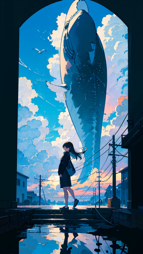 masterpiece, Exquisite detail,Highest quality, One girl, alone, handrail, cloud, Looking up at the buildings,Long Hair, NULL, Long sleeve, Power lines, White footwear, Black Hair, View your viewers, Electric pole, bangs, cloudy NULL, fish, bird, Green Eyes, Shorts, Day, Black Shirt, barefoot,Whale flying in the sky,Giant whale,night,Star,milky way,night,Pitch black,Buildings,standing and looking up at the sky,High quality anime art style,Standing painting,Splash ink background,Blue Themes,Clear Face,Distinct facial features