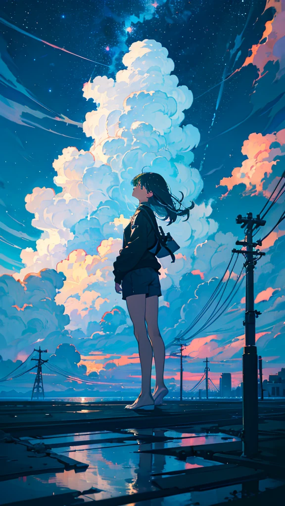 masterpiece, Exquisite detail,Highest quality, One girl, alone, handrail, cloud, Looking up at the buildings,Long Hair, NULL, Long sleeve, Power lines, White footwear, Black Hair, View your viewers, Electric pole, bangs, cloudy NULL, fish, bird, Green Eyes, Shorts, Day, Black Shirt, barefoot,Whale flying in the sky,Giant whale,night,Star,milky way,night,Pitch black,Buildings,standing and looking up at the sky,High quality anime art style,Standing painting,Splash ink background,Blue Themes,Clear Face,Distinct facial features