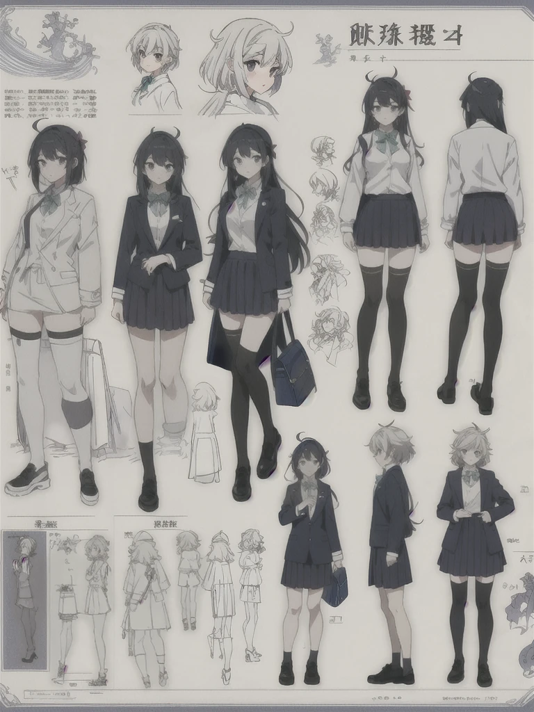 girl, alone, whole body, From head to toe, Are standing, (Huge_chest:1.3), Character design sheet, Character Reference Sheet, 設計図のSchematic, Drafting, Blueprint, Schematic, ((Character design sheet:1.7, Character Reference Sheet:1.7,)), anime/cartoon character wearing a girls , 1girl, alone, Thigh-high socks, blazer burezaa (blazer), Ahoge, Long Hair, bow, , shoes, loafers, ribbon, (Very short skirt:1.6), , (good:1.5),