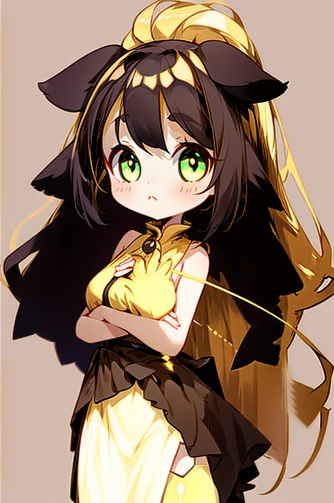 1girl with long golden hair, green eyes, floppy dog ears,emoteless face, golden dress with open shoulders. Black stockings. Chibi style, simple background, hand on chest, golden ears