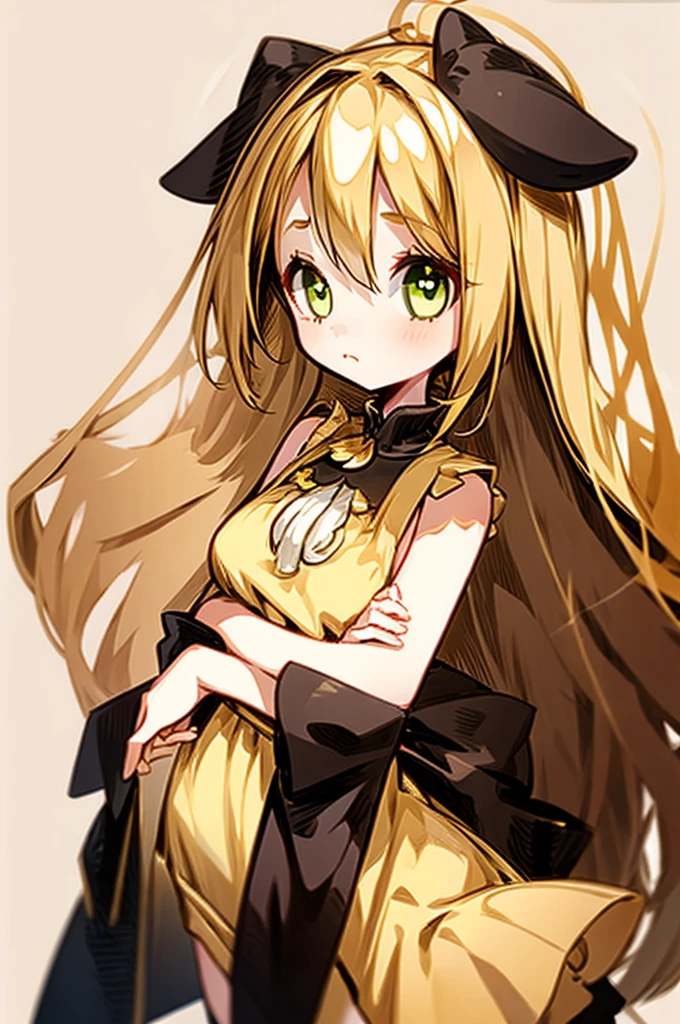 1girl with long golden hair, green eyes, floppy dog ears,emoteless face, golden dress with open shoulders. Black stockings. Chibi style, simple background, hand on chest, golden ears