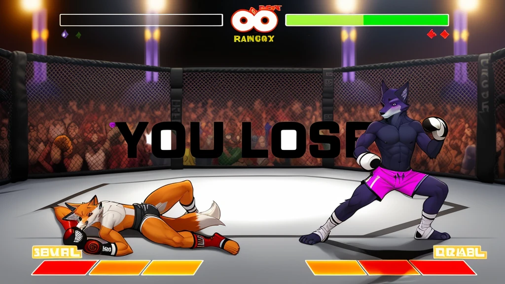 a detailed picture of a boxing match (male anthros, two boy), slim body, slim features, in a boxing ring, Ross Tran, ruan jia, trending on artstation, foxovh,User Interface of Fighting game, Crisis, assorted poses, assorted expression, full body, sound effects, motion blur, from side, ((fox, blue shorts, knocked out on the floor)), (((purple wolf, white shorts, boxing pose))) “VS” 