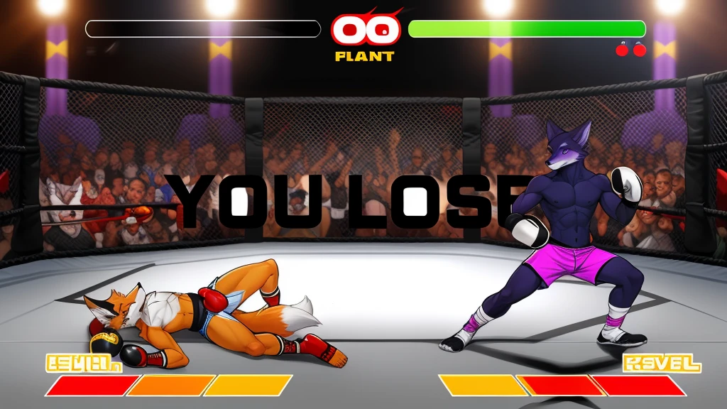 a detailed picture of a boxing match (male anthros, two boy), slim body, slim features, in a boxing ring, Ross Tran, ruan jia, trending on artstation, foxovh,User Interface of Fighting game, Crisis, assorted poses, assorted expression, full body, sound effects, motion blur, from side, ((fox, blue shorts, knocked out on the floor)), (((purple wolf, white shorts, boxing pose))) “VS”