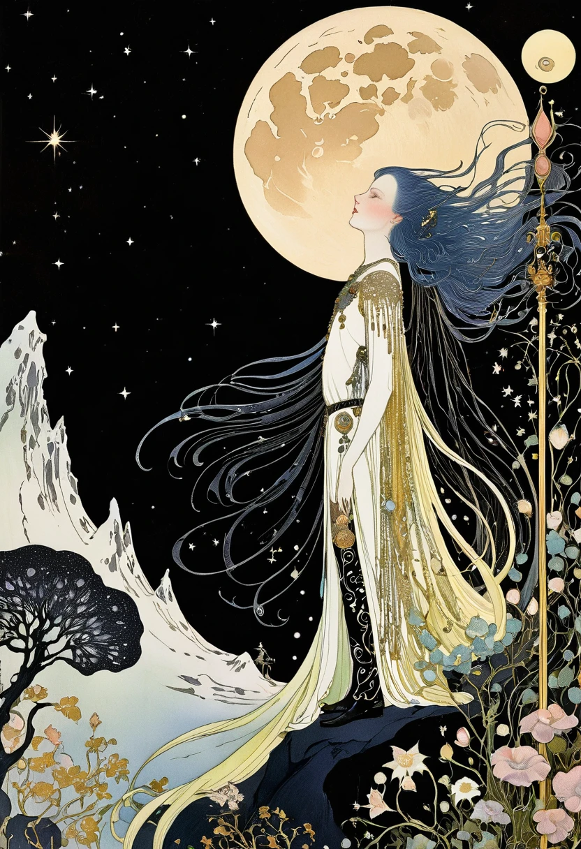 the bitterness of a man who has looked long and long at the moon,by Kay Nielsen,picture book illustration,art nouveau style,the golden age of illustration,pure black background,large margin,exquistie decoration