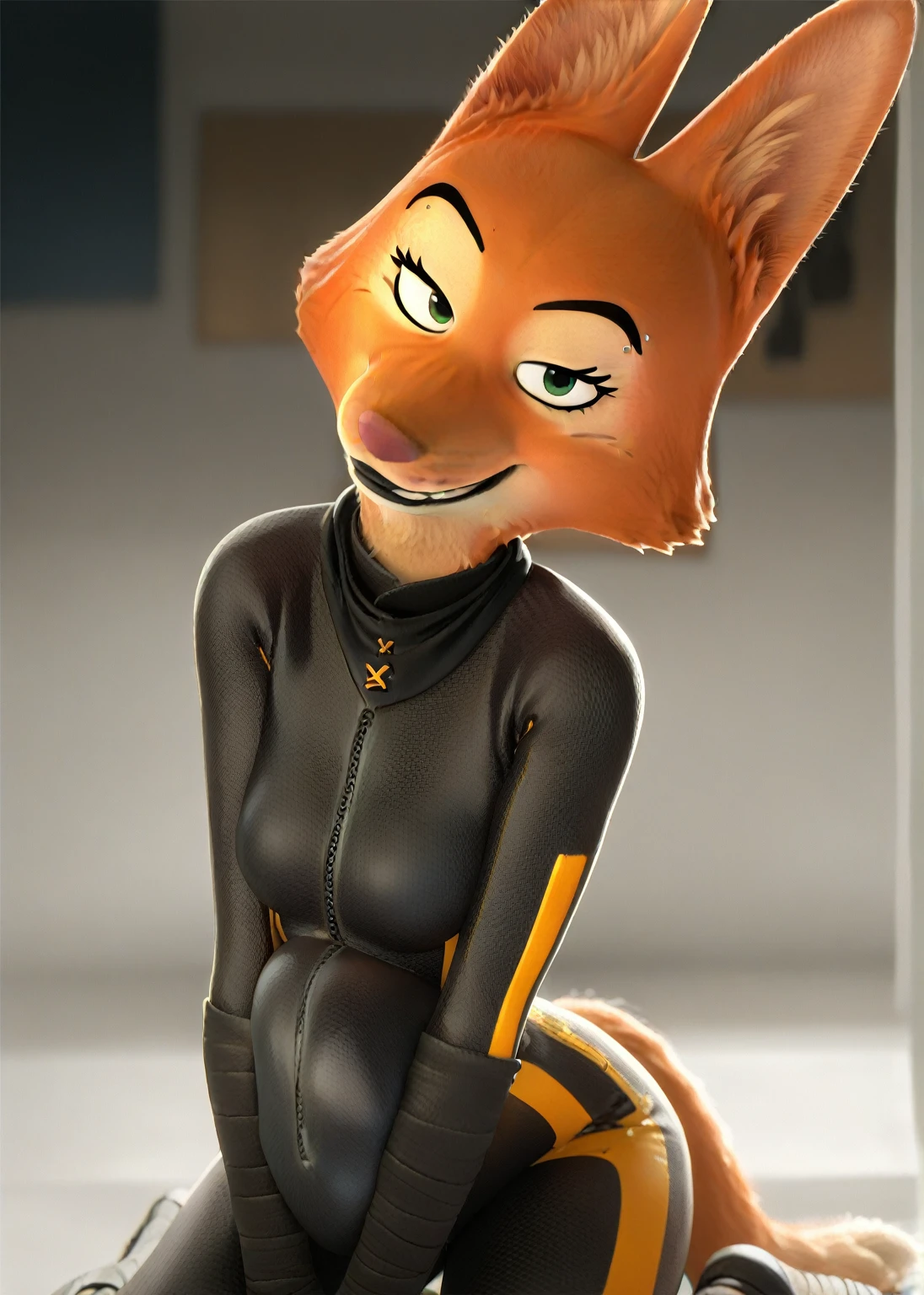 score_9, score_8_up, score_7_up, score_6_up, score_5_up, score_4_up, 
Diane_Foxington, ginger fur, emerald eyes, black lipstick, black eyebrows, silver piercings on eyebrow, fox tail, bodysuit with yellow trim and black wraps, smirk, looking at viewer, on both knees, Fullbody, rubbing belly, (vore), ((large) moving vore belly, a whole full sized person inside of the stomach struggling), belly covered up by bodysuit, swallowing down a large dodgeball with a (large visible throat gulp)