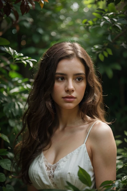 a young woman facing her problems head-on, determined expression, detailed facial features, long curly hair, white flowing dress, standing in a serene garden with lush foliage, warm lighting, vibrant colors, cinematic composition, (best quality,4k,8k,highres,masterpiece:1.2),ultra-detailed,(realistic,photorealistic,photo-realistic:1.37),intricate details,dynamic pose,dramatic lighting,vibrant colors,serene atmosphere,digital painting,cinematic lighting,highly detailed
