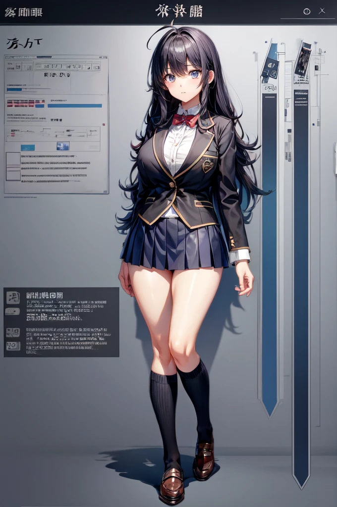 girl, alone, whole body, From head to toe, Are standing, (Huge_chest:1.3), Character design sheet, Character Reference Sheet, 設計図のSchematic, Drafting, Blueprint, Schematic, ((Character design sheet:1.7, Character Reference Sheet:1.7,)), anime/cartoon character wearing a girls , 1girl, alone, Thigh-high socks, blazer burezaa (blazer), Ahoge, Long Hair, bow, , shoes, loafers, ribbon, (Very short skirt:1.6), , (good:1.5),