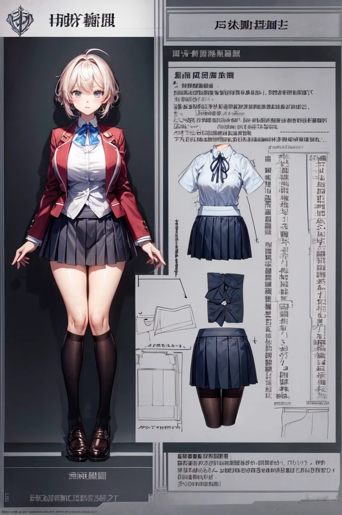 girl, alone, whole body, From head to toe, Are standing, (Huge_chest:1.3), Character design sheet, Character Reference Sheet, 設計図のSchematic, Drafting, Blueprint, Schematic, ((Character design sheet:1.7, Character Reference Sheet:1.7,)), anime/cartoon character wearing a girls , 1girl, alone, Thigh-high socks, blazer burezaa (blazer), Ahoge, Long Hair, bow, , shoes, loafers, ribbon, (Very short skirt:1.6), , (good:1.5),