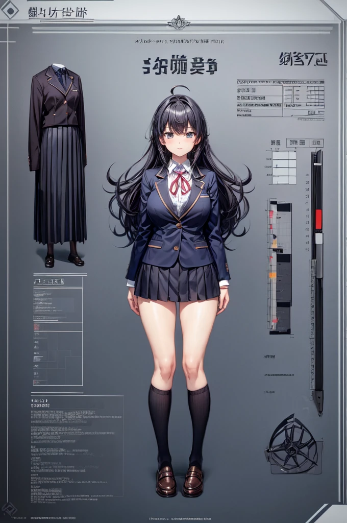 girl, alone, whole body, From head to toe, Are standing, (Huge_chest:1.3), Character design sheet, Character Reference Sheet, 設計図のSchematic, Drafting, Blueprint, Schematic, ((Character design sheet:1.7, Character Reference Sheet:1.7,)), anime/cartoon character wearing a girls , 1girl, alone, Thigh-high socks, blazer burezaa (blazer), Ahoge, Long Hair, bow, , shoes, loafers, ribbon, (Very short skirt:1.4), (panties:1.5),, (good:1.5),In underwear