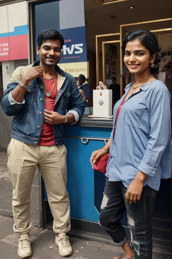 contrast between two scenarios: "Poor" on the left and "Rich" on the right, with the central figure holding Rs. 2 lakh in cash. The left side depicts a person in tattered clothes in front of a Nokia store, symbolizing poverty, while the right side shows a person dressed in trendy clothes in front of an Apple store and an Audi car, symbolizing wealth. The central figure, who is smiling, suggests a connection or interaction between these two worlds, possibly indicating a giveaway or social experiment involving the Rs. 2 lakh cash.