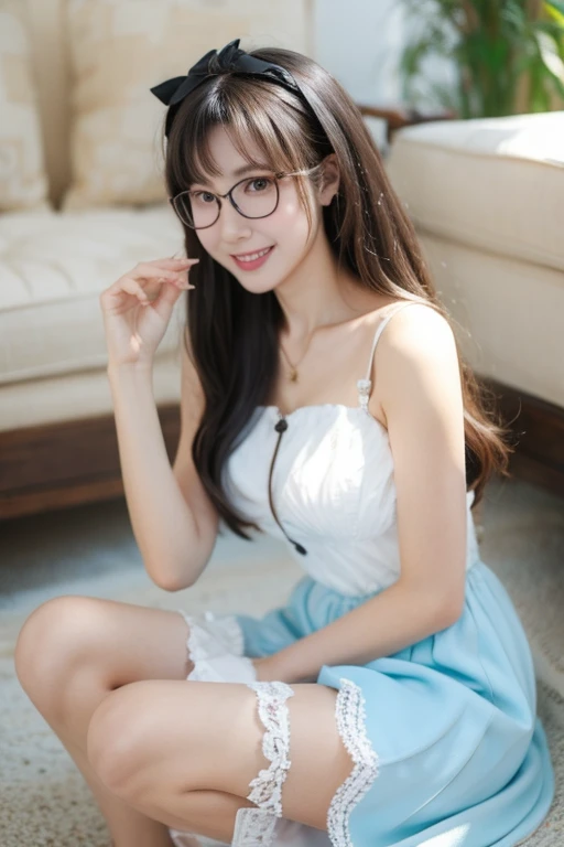 Highest quality、masterpiece、High sensitivity、High resolution、Detailed Description、Slender women、Slim Body、Glasses、Holding my knees、Sit on the ground、Lace skirt、Summer Cardegan、smile、