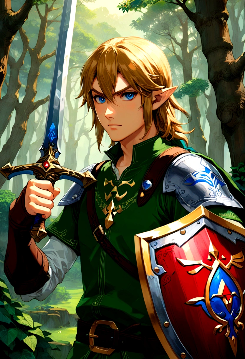 1boy, Link, The Legend of Zelda, Generate a high-fidelity, detail-oriented closeup of Link from the Legend of Zelda holding a sword and shield. The setting is a forest background, with elements such as trees and shrubs subtly included in the background. The image should mimic the texture and depth of an oil painting, expressing the character's confident nature yet also its beauty in a poignant and compelling way, influenced by the art of Lou Xaz, masterpiece, best quality, very aesthetic, absurdres