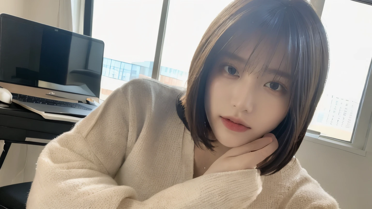 ((Best Quality, 8K, Masterpiece:1.3)), Focus:1.2, Perfect Body Beauty:1.4, ((Layered Haircut, )) , Highly Detailed Face and Skin Texture, Fine Eyes, Double Eyelids, Whitening Skin, Long Hair, (Shut Up: 1.3),looking at viewer, Sitting in an office chair,Soft Light,Tight Fit, Laptop, (upper body), 1girl