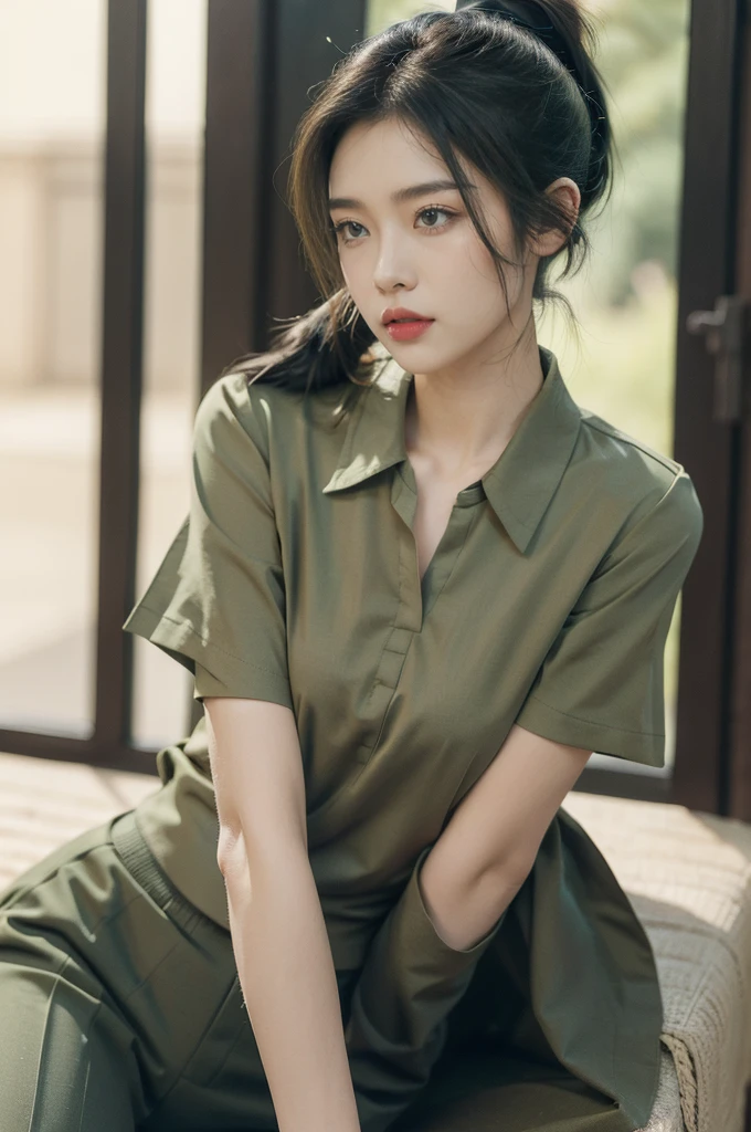 (((best quality))),(((ultra detailed))),(((masterpiece))),illustration,((1 beautiful young girl,female soldier,solo)),(short black ponytail:1.3),((slim,thin)),((small breasts,flat chest)),determined,professional,demeanor,(light green collared short-sleeved shirt:1.3),(dark green trousers:1.3),military,affiliation,background,military conference room,walls,maps,battlefields,strategic points,markings,(large red flag),nation's unity,strength,seriousness,planning,important discussion,rigid posture,focused expression,confidence,respectability,bright intense eyes,analyzing situation,contribute thoughts,ideas,charm,powerful,intense atmosphere,freezes moment in time,essence,striking appearance,(night scene:1.2),((from front,upper body))