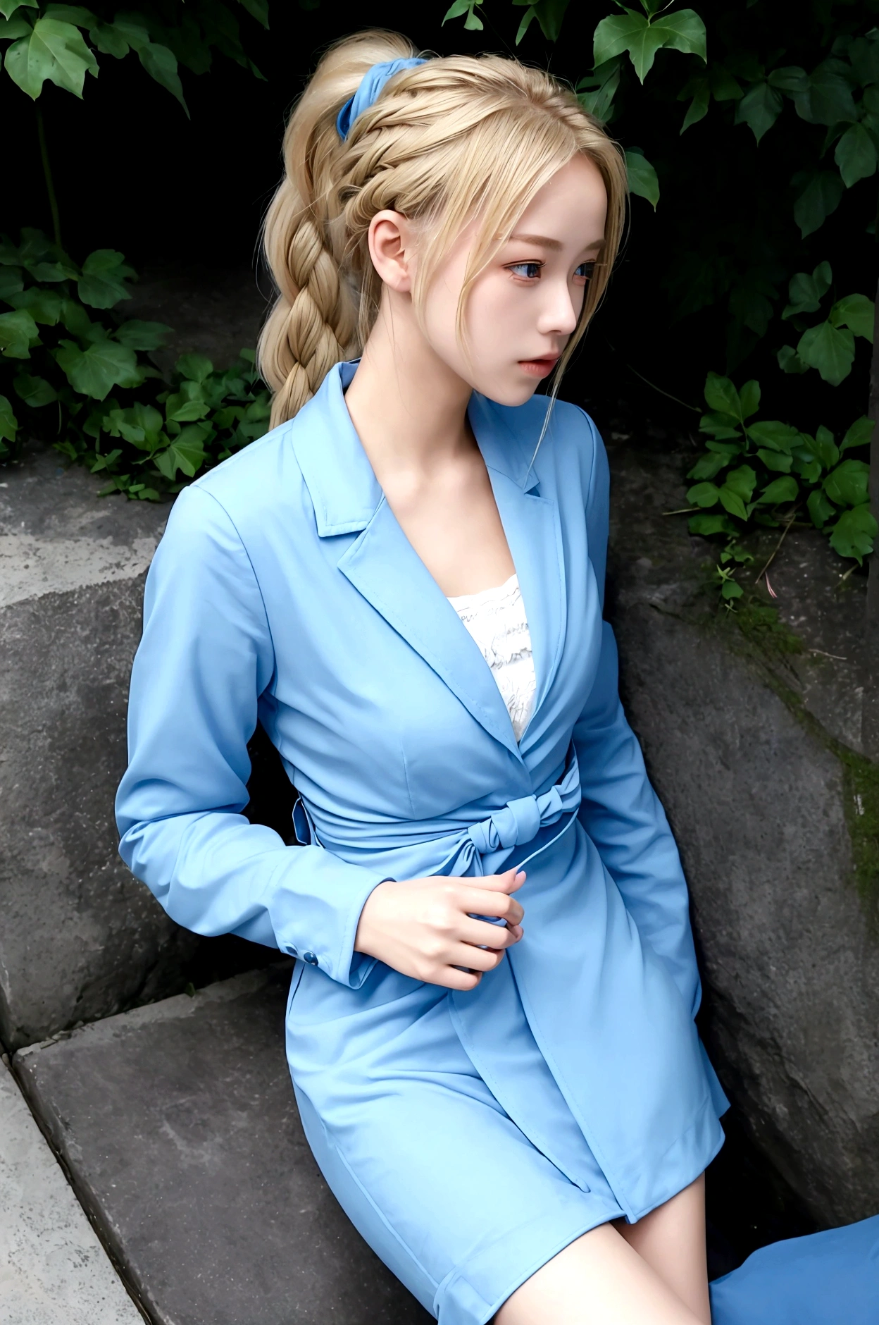 1gril, (alone:1.3), ditch, spa, outdoor, suit, holding one&#39;s legs, certainly(blue file), Medium breasts,  blond, braid, folded ponytail, Headbands, 